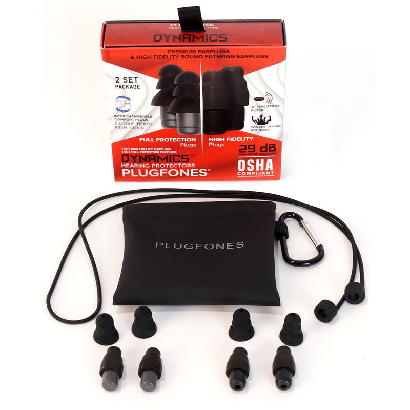 [Australia] - Plugfones Dynamics High Fidelity Earplugs and Full Protection Earplugs 2 Pair Set for Concerts Musicians Shooting and More with Carabiner Pinch case and Removable Comfort Connector Cable 