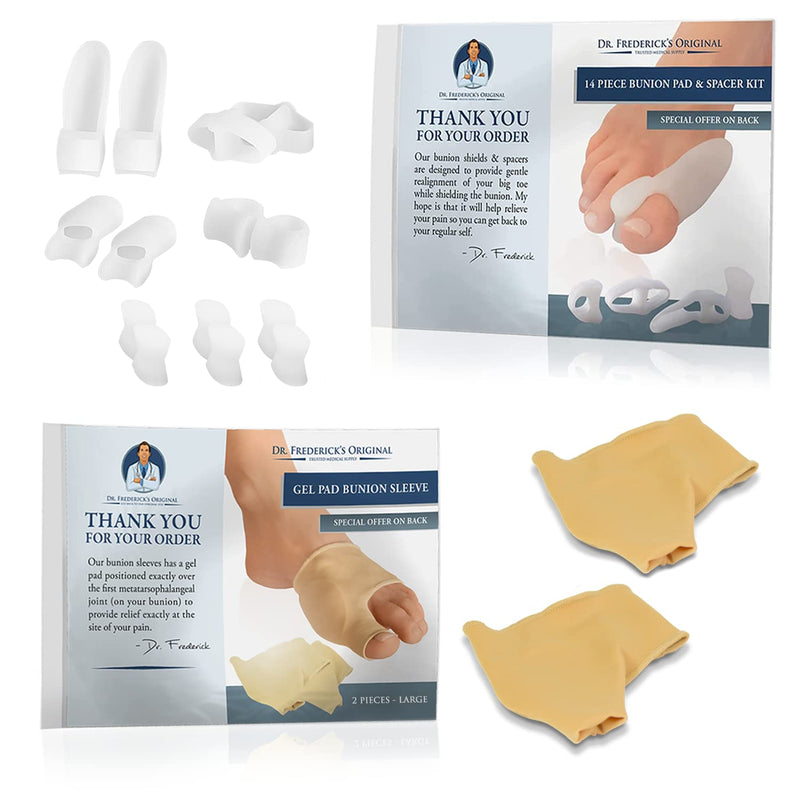 [Australia] - Dr. Frederick’s Original Super Bunion Treatment Bundle - 14PC Bunion Kit - PLUS 1 Pair Bunion Sleeves - Bunion Corrector, Splints, Pads, Bootie Bunion Cushions - Small - Large - W7-14 | M5-13 