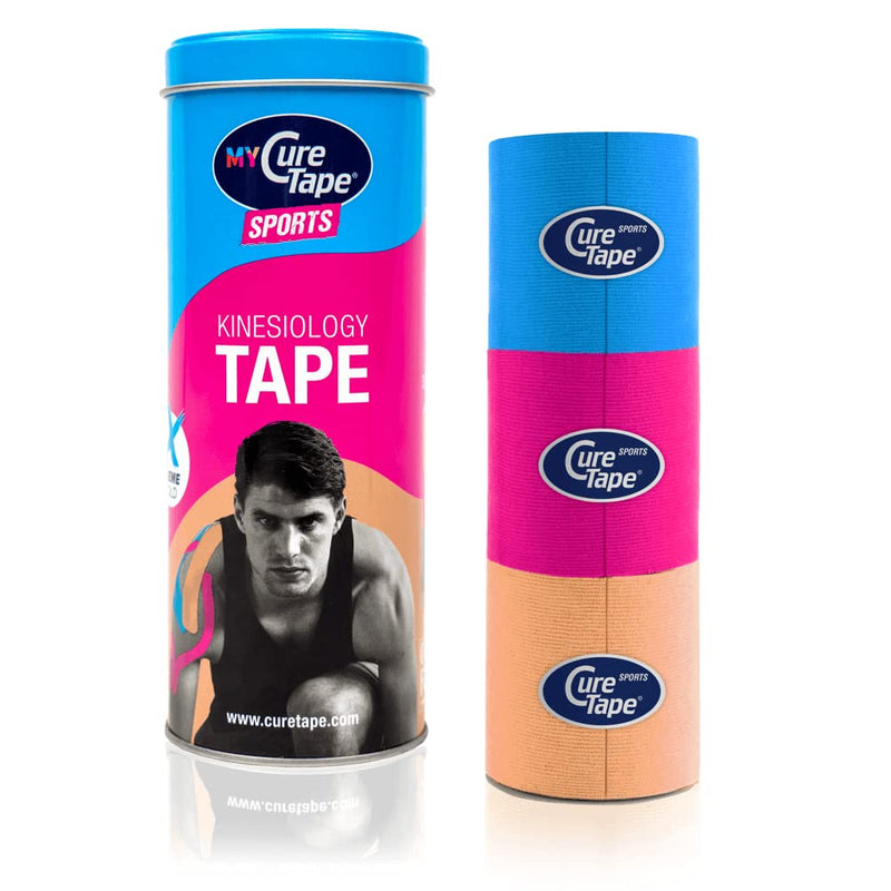 [Australia] - CureTape 3 Rolls (2”x8ft) Waterproof Kinesiology Tape | The Best Adhesion | Medical Kinesiology Tape for Extreme Sport Conditions | Increase Mobility & Performance | Reduce Joint Pain & Recover Faster Blue/Pink/Beige 
