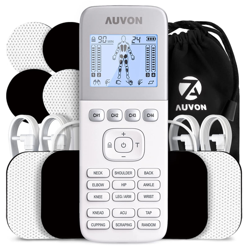 [Australia] - AUVON 4 Outputs H1 TENS Unit 24 Modes Muscle Stimulator for Pain Relief, Rechargeable TENS EMS Machine with Easy-to-Select Button Design, 2X Battery Life, Dust-Proof Bag and 8 Electrode Pads 