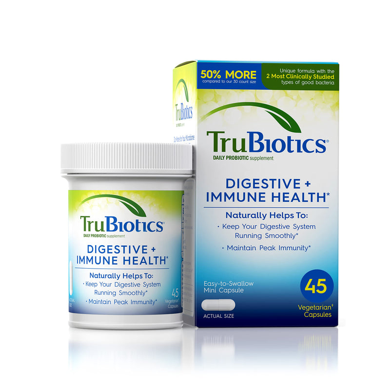 [Australia] - TruBiotics Daily Probiotic, 45 Capsules – New Look, Digestive + Immune Health Support Supplement for Men and Women with Two Clinically Studied Strains TruBiotics (New Look) 45 Count (Pack of 1) 