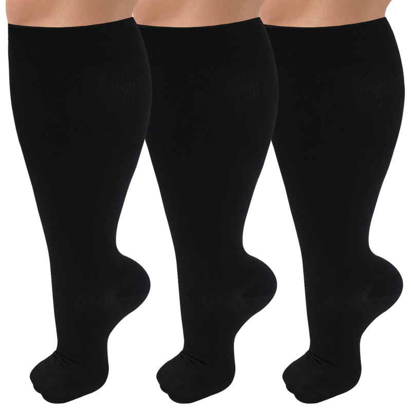 [Australia] - 3 Pack Plus Size Copper Compression Socks for Women & Men, 20-30 mmhg Extra Wide Calf Knee High Stockings for Circulation Support Football 01-3 Pack Black XX-Large 