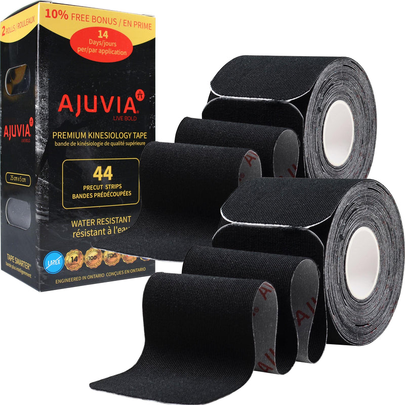 [Australia] - AJUVIA Kinesiology Tape (2 Rolls, 44 Strips Precut, 2" x 10") - Lasts up to 14 Days - Latex Free - Waterproof Athletic Tape - Elastic Sports Tape (Black) Black 