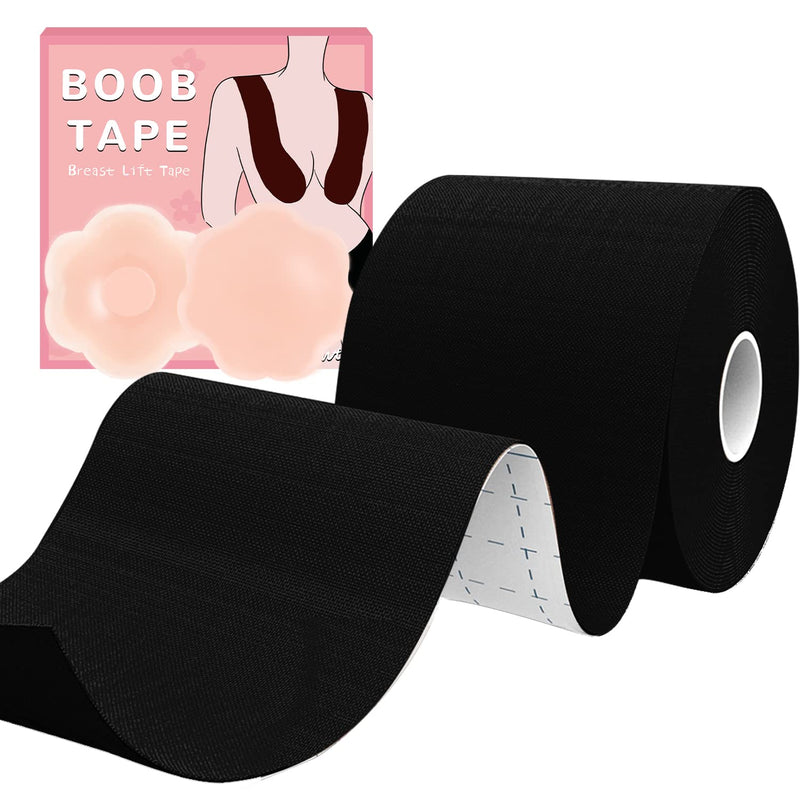 [Australia] - BEWTEIM Boob Tape for Breast Lift Boobytape, 1 Box Breast Tape Lifting with 2 PCS Nipple Cover Set, Breathable Nipple Tape 2 inch Adhesive Lift and Push Up Tape Black 1 Tape Black Color 2" x 16.5 ft 