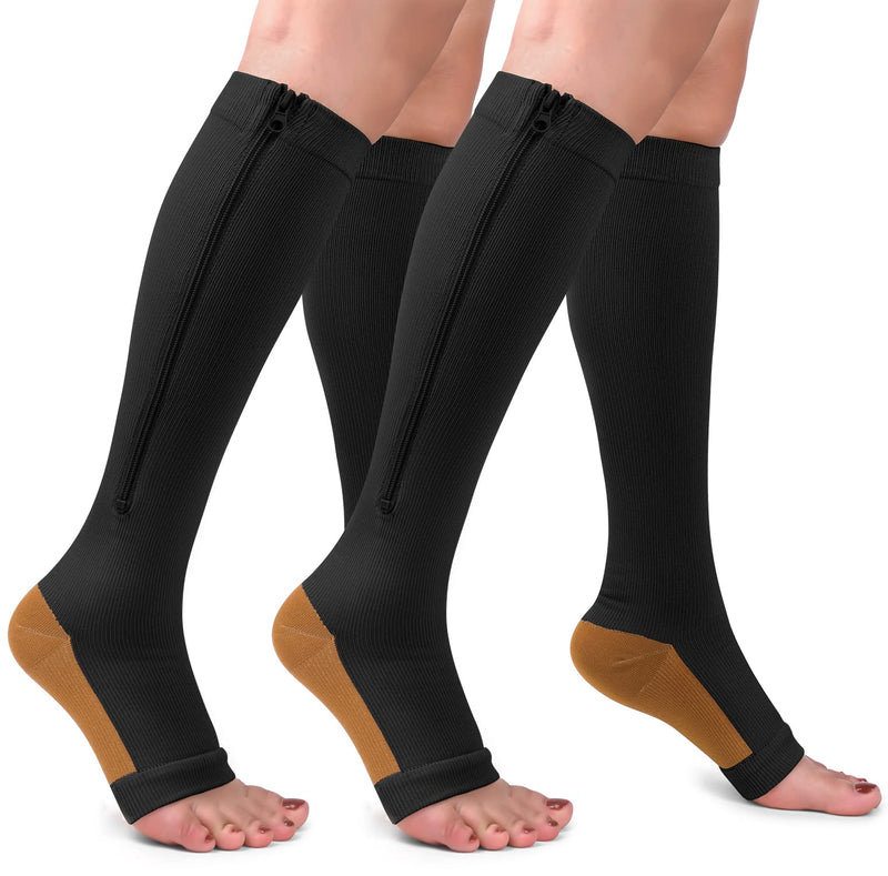 [Australia] - Copper Zipper Compression Socks -2 Pairs Calf Knee High Open Toe Support Stocking Compression Stocking… 01-black Large-X-Large 