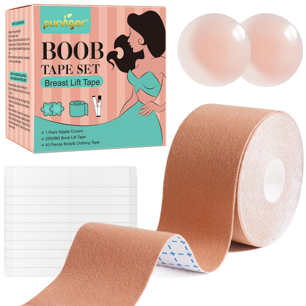 [Australia] - Boob Tape Kit, Breast Lift Tape, Waterproof & Breathable Breast Tape for Large Breasts Lift and Chest Support, with 2 Reusable Silicone Nipple Covers & 40 Pieces Clothing Tapes Beige 