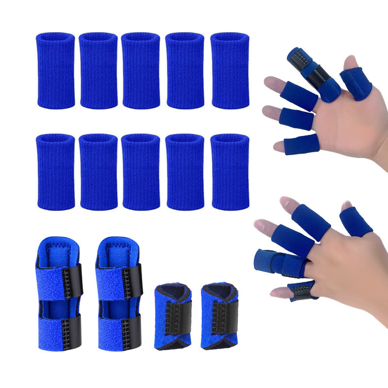 [Australia] - Finger Support Splints, Adjustable Set of 4 Trigger Finger Splint and 10 Nylon Finger Sleeves for Pain Relief, Finger Brace Stabilizer for Broken Finger, Straightening, Arthritis, Injured Finger Blue 