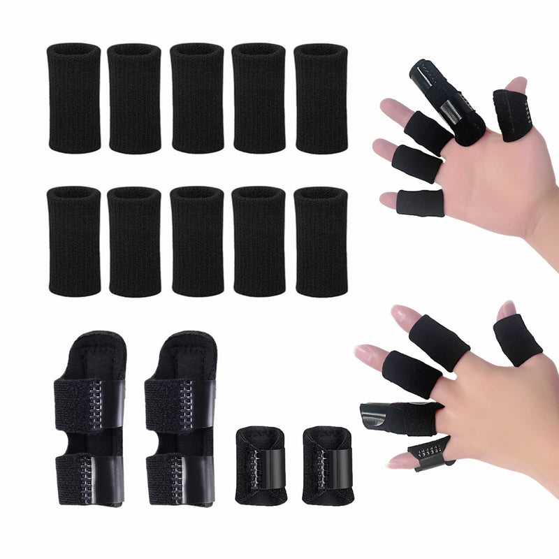 [Australia] - Finger Support Splints, Adjustable Set of 4 Trigger Finger Splint and 10 Nylon Finger Sleeves for Pain Relief, Finger Brace Stabilizer for Broken Finger, Straightening, Arthritis, Injured Finger Black 
