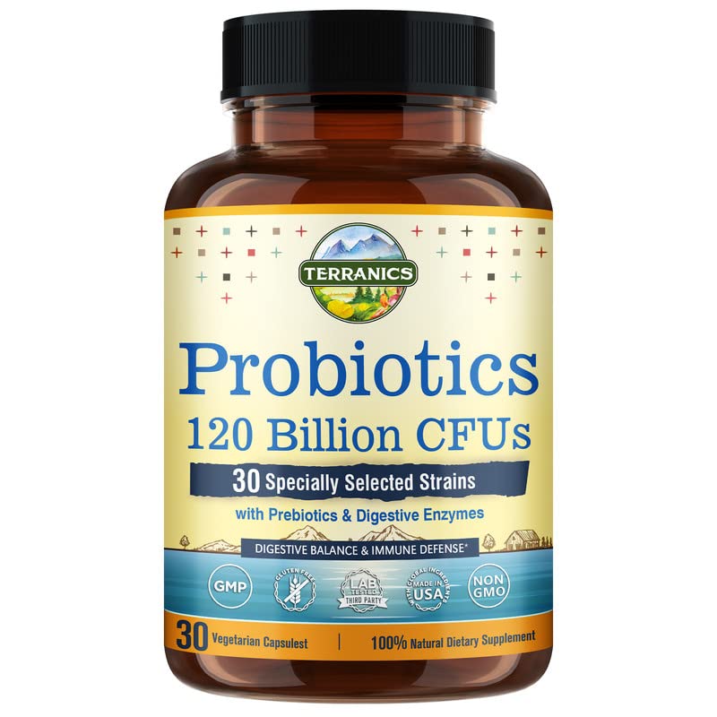 [Australia] - Terranics Probiotics 120 Billion with Prebiotics & Digestive Enzymes, 30 Tested Strains, Complete Digestion & Immune Support, Non-GMO, NO Soy, Dairy & Gluten, for Men and Women, 30 Veggie Capsules 