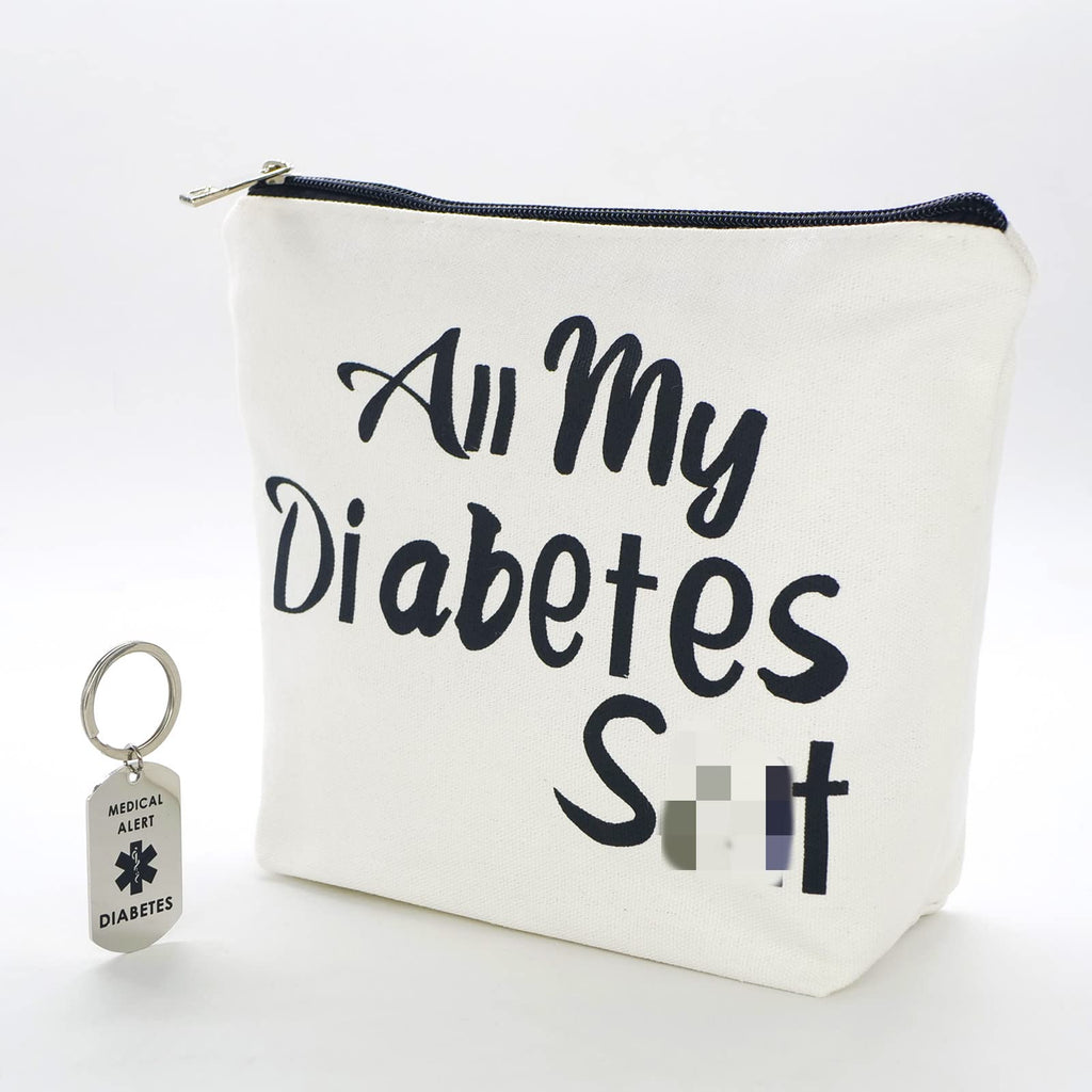 [Australia] - Diabetic Gifts All My Diabetes Funny Diabetic Travel Bag Pouch＋Diabetic Keychain Personalized Gift Diabetic Supplies for Grandma Grandpa Mom Dad Sister Brother for Birthday Christmas Gifts (White) White 