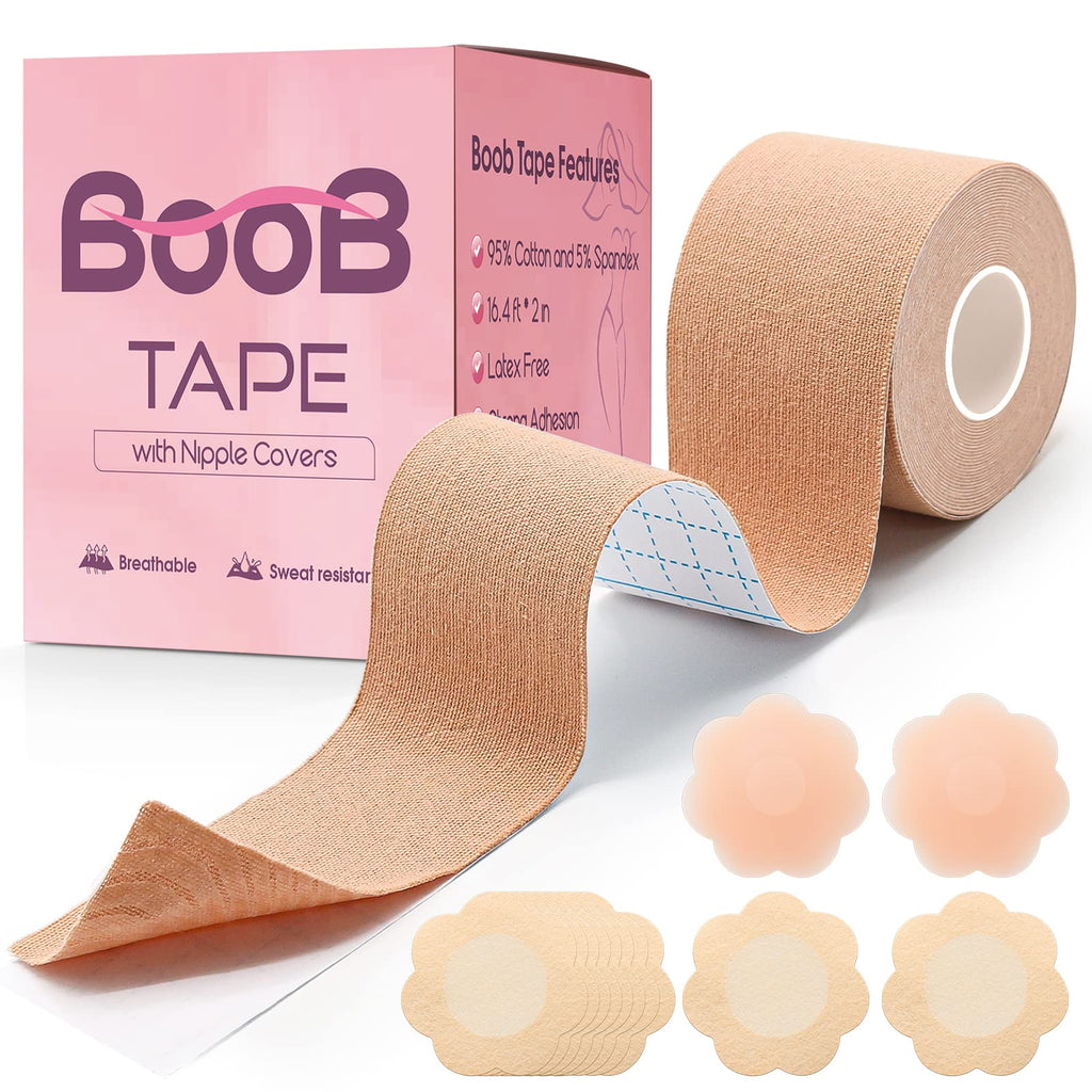 [Australia] - Boob Tape, Breathable & Sticky Boobytape for Breast Lift, Suitable for Large Breasts A-G Cup (Nude) Incl. 1 Breast Lift Tape, 10 Pairs Satin Breast Petals and 1 Pair Reusable Silicone Nipple 
