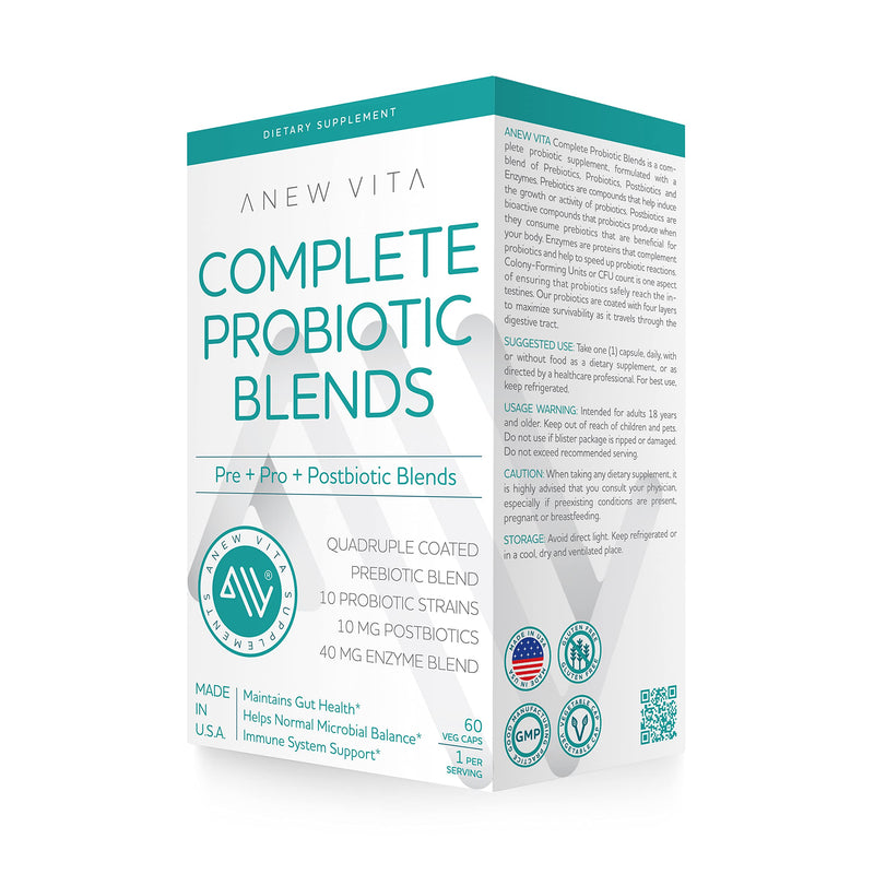 [Australia] - Anew Vita Complete Probiotic Blends | 5 in 1 Prebiotic, Probiotic, Postbiotic, Enzymes, Zinc | Quadruple Coated Probiotics | 20 Billion CFU per Veggie Capsule | 60 Veggie Capsules 
