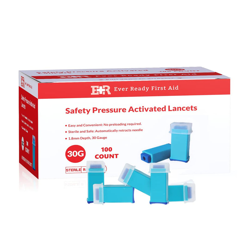 [Australia] - Ever Ready First Aid Safety Pressure Activated Lancets, Sterile Push Lancets with 30 Gauge for Blood Sugar Testing – 100 Count 