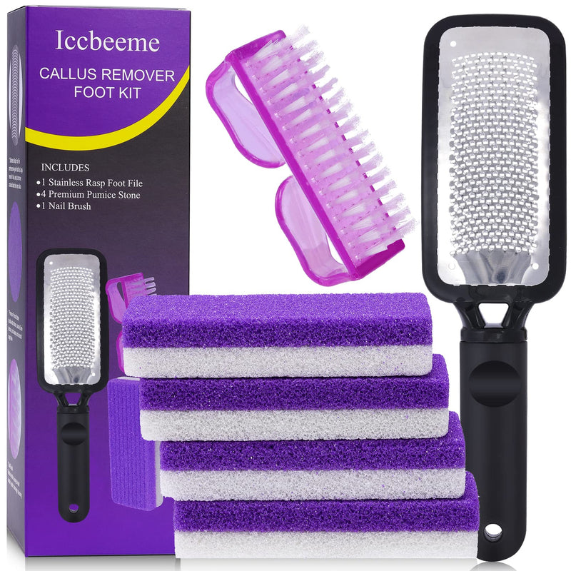 [Australia] - Foot Callus Remover Set,Pedicure Kit Includes 1 Stainless Foot Rasp Foot File,4 Foot Pumice Stone & 1 Nail Brush,Foot Scrubber Remove Hard Dry Skin,Foot Care Pedicure Tools for Wet and Dry Feet,Purple 