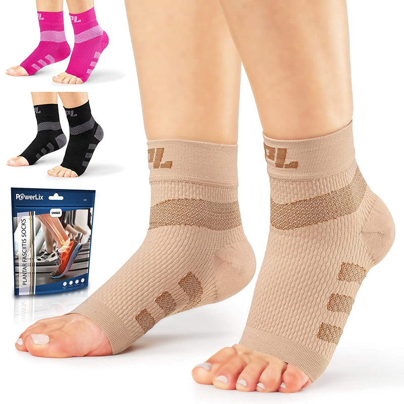 [Australia] - Powerlix Plantar fasciitis socks for Neuropathy (Pair) for Women & Men, Ankle Brace Support, Toeless Compression Socks & Foot Sleeve for Arch & Heel Pain Relief - Treatment & Everyday Use Large (1 Pair) Beige 