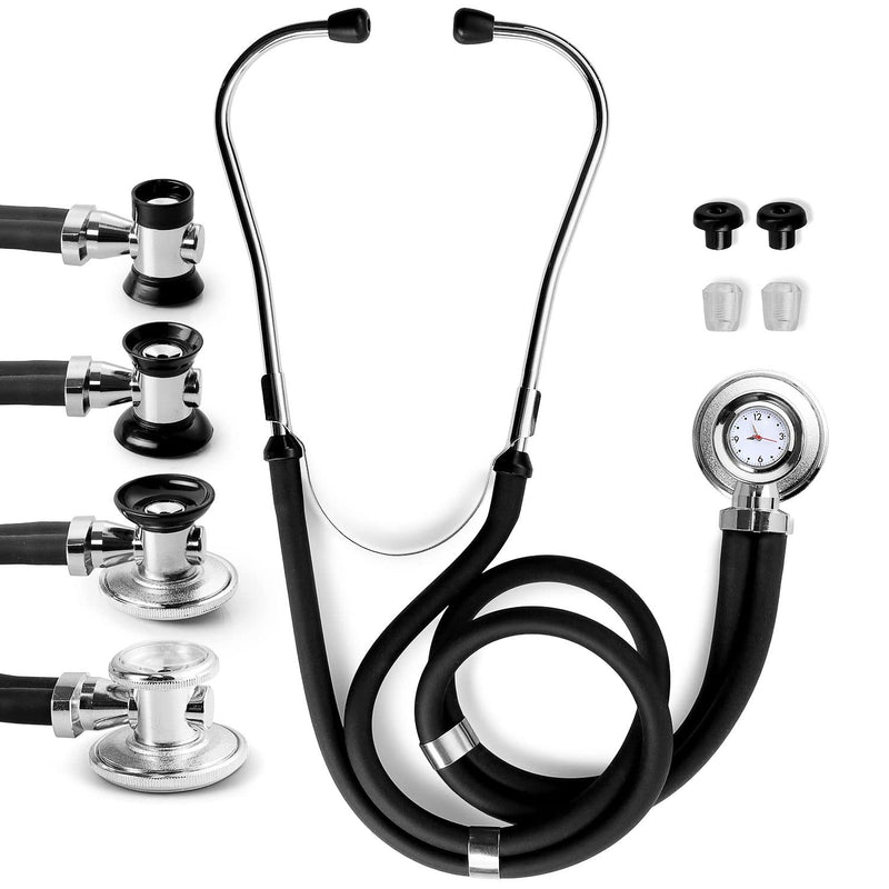 [Australia] - Primacare DS-9298 Black Medical Clock Stethoscope with Analog Watch, 22" Tubing Convertible Regular Sprague Rappaport Stethoscopes, First Aid Emergency Essential Kits with Headset 