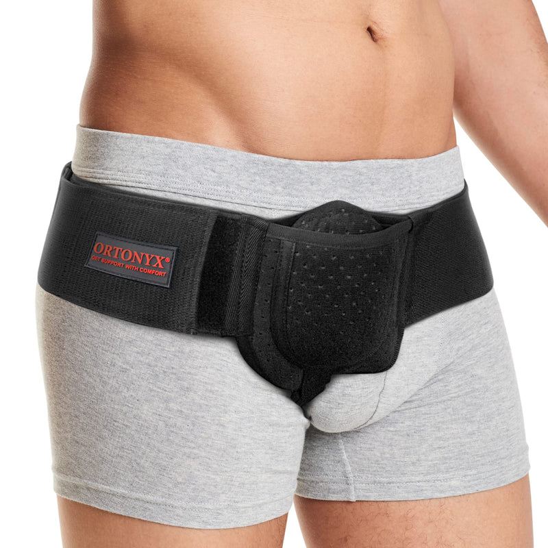 [Australia] - ORTONYX Inguinal Groin Hernia Belt for Men and Women with Removable Compression Pad and Adjustable Waist Strap, Hernia Support Truss for Inguinal, Incisional Hernias, Left / Right Side - Black S/M 