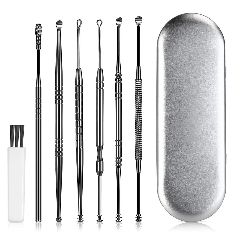 [Australia] - Ear Wax Removal Tools Kit: Earwax Pick Cleaning Remover Set Stainless Steel 6 in 1 Ear Spoon Curette with a Cleaner Brush and Protective Padded Box Classic Black 