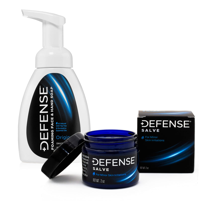 [Australia] - Defense Herbal Ointment Salve 2 Oz - Natural Tea Tree Oil and Eucalyptus Oil + Liquid Foaming Face & Hand Soap 7.5 Fl Oz with Tea Tree, Eucalyptus, Jojoba, Aloe Vera, Olive & Coconut Oils 