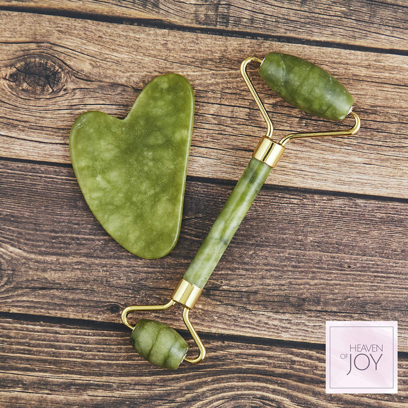 [Australia] - Heaven of Joy Authentic Natural Green Jade Stone Roller and Anti-Aging Gua Sha Set, Beauty Massager Tool for Deep Massages and Skin Rejuvenation 