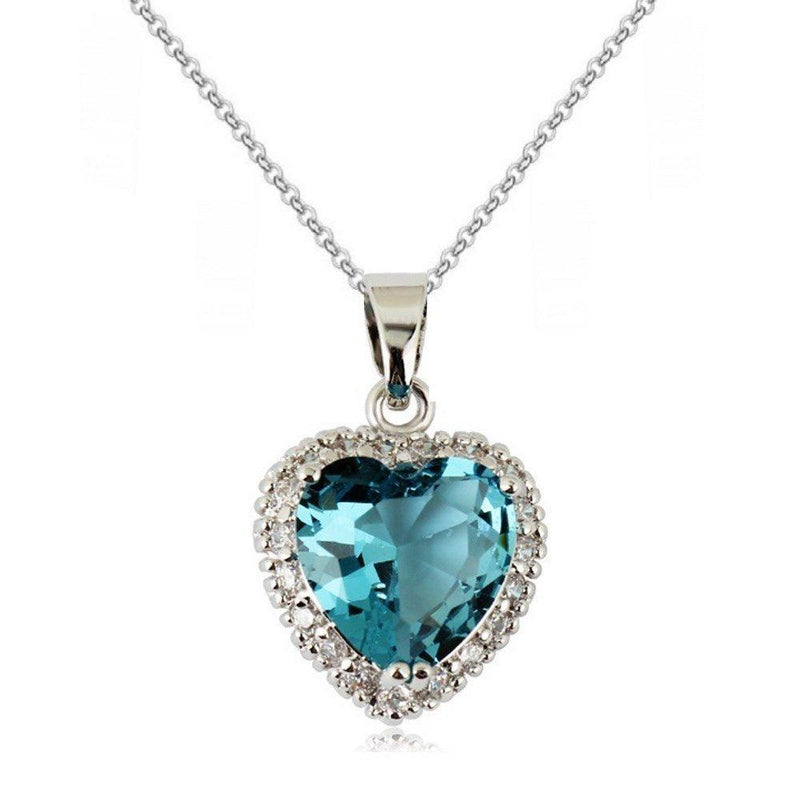 [Australia] - Crystalline Azuria Women 18 ct White Gold Plated Hearts Blue Simulated Sapphire or White Zirconia Crystals Set Heart Pendant Necklace 18" Stud Earrings Aqua 