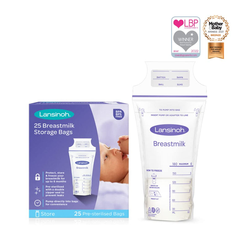 [Australia] - Lansinoh Breast Milk Storage Bags Breastmilk Pouches for fridge or freezer use, store flat or standing, BPA and BPS free, pre-sterilised, double zipper seal, Pack of 25 25 Count single 