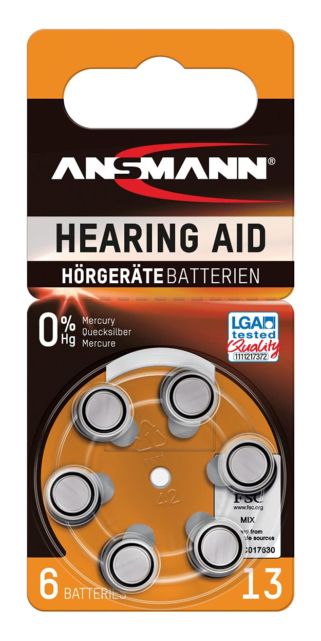 [Australia] - Ansmann 5013243 Hearing Aid Batteries [Pack of 6] Size 13 Orange Zinc Air Hearing-Aid Suitable for Hearing Aids, Sound Amplifier - 1.45V Mercury Free Type 13 - Orange 