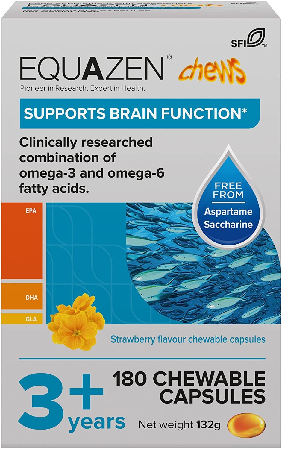 [Australia] - EQUAZEN Childrens Chews, Omega 3 & Omega 6 Supplement, Clinically Researched blend of DHA, EPA & GLA, Supports Brain function, Suitable from 3+ to adult, 180 strawberry flavoured chews 180 Chews 