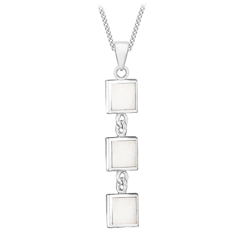 [Australia] - Tuscany Silver Sterling Silver 3 Square Mother of Pearl Drop Pendant on Adjustable Curb Chain of 41cm/16"-46cm/18" 