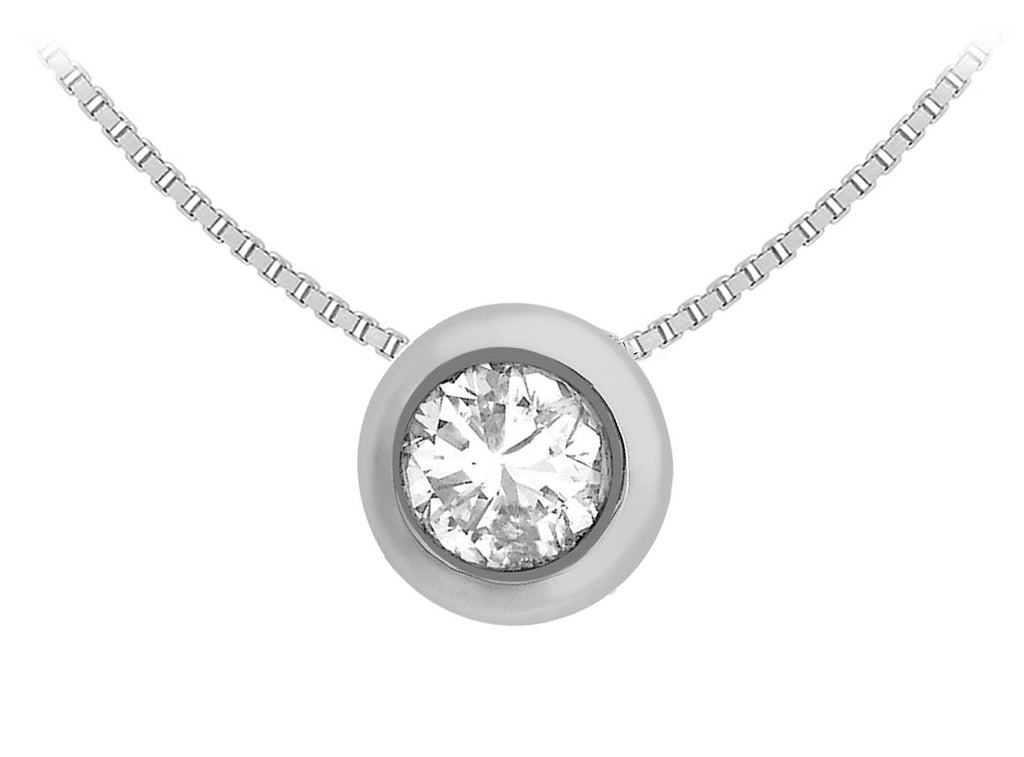 [Australia] - Tuscany Silver Sterling Silver Cubic Zirconia Rubover Round Pendant on Adjustable Chain of 41cm/16"-46cm/18" 