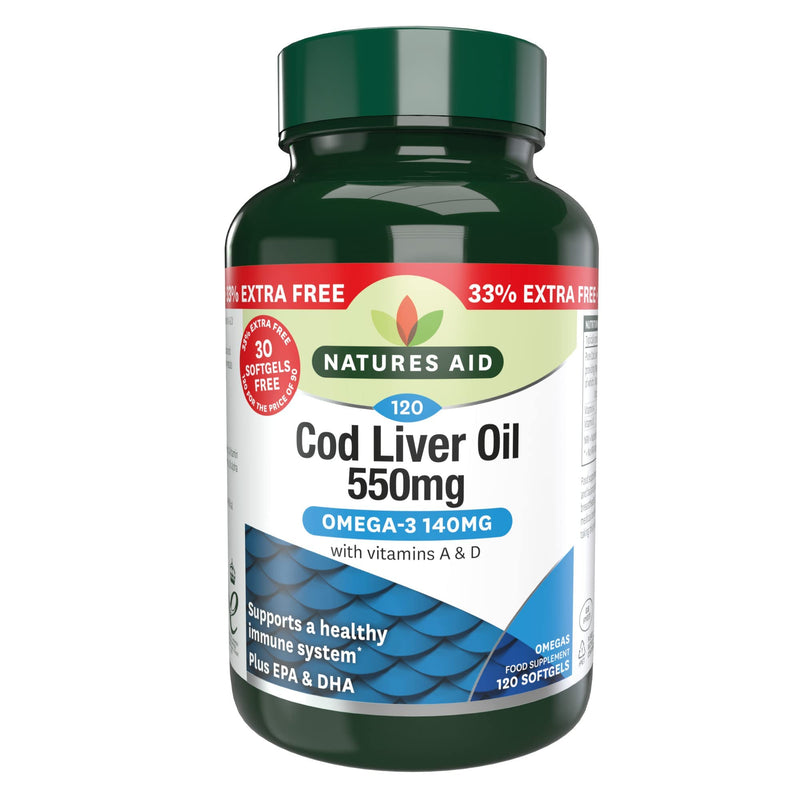 [Australia] - Natures Aid Cod Liver Oil 550 mg 120 Softgel Capsules (Providing 120 mg Omega-3, with Vitamins A and D, For The Normal Function of the Immune System, Purity Guaranteed, Made in the UK) 