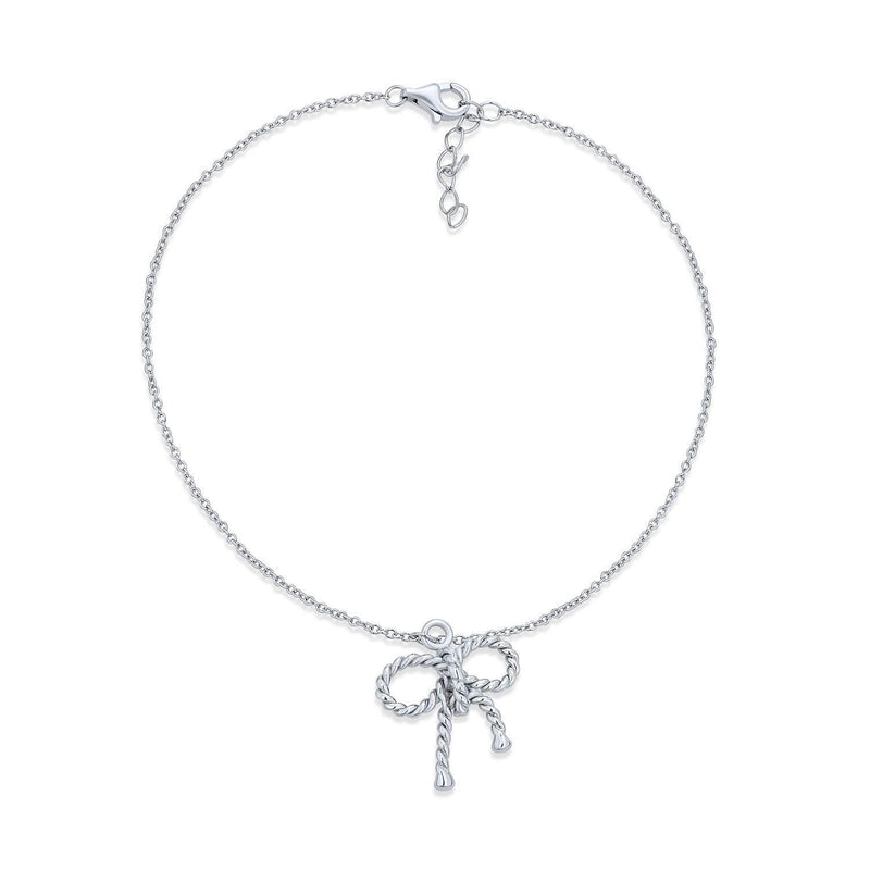 [Australia] - Twisted Rope Chain With Dangle Charm Delicate Feminine Ribbon Bow Anklet Ankle Bracelet For Women Teen 925 Sterling Silver Adjustable 9 To 10 Inch 