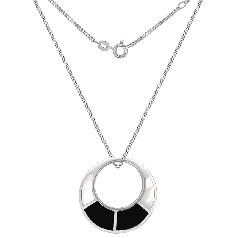 [Australia] - Tuscany Silver Sterling Silver Round Cut Out White Mother of Pearl and Black Onyx Pendant on Adjustable Curb Chain Necklace of 41cm/16"-46cm/18" 