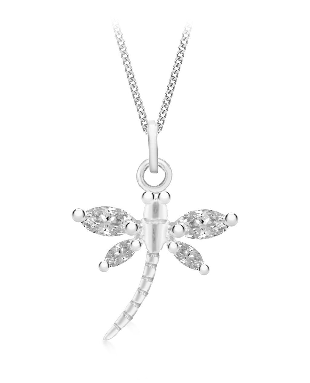 [Australia] - Tuscany Silver Sterling Silver White Cubic Zirconia Dragonfly Pendant on Adjustable Curb Chain Necklace of 41cm/16"-46cm/18" 