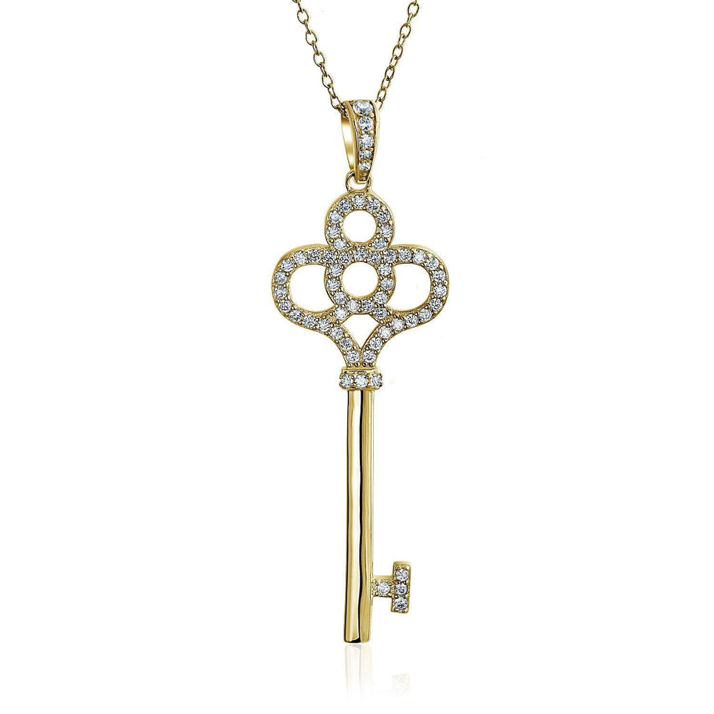 [Australia] - Bling Jewelry Cubic Zirconia CZ Victorian Style Crown Key Pendant Necklace for Women Girlfriend 14K Gold Plated 925 Sterling Silver Gold-tone 