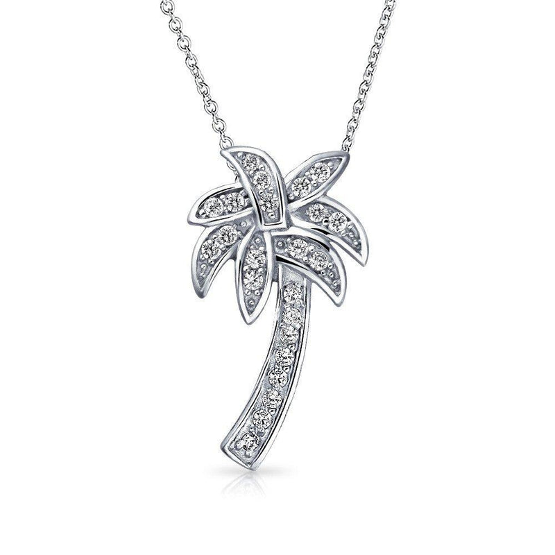 [Australia] - Nautical Pave Cubic Zirconia CZ Tropical Beach Palm Tree Pendant Necklace For Women 14K Gold Plated 925 Sterling Silver Rhodium Plated Silver 