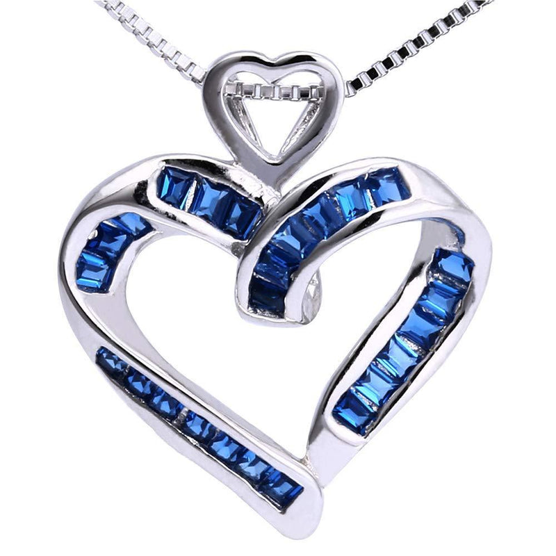 [Australia] - Sterling 925 Silver Heart Pendant set with Princess Cut Blue CZ & 16" Sterling Silver Chain Necklace 