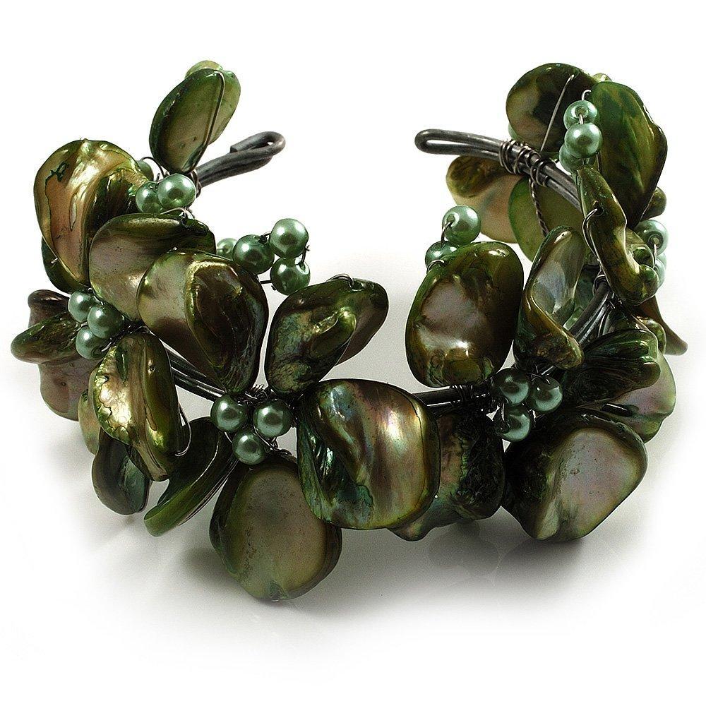 [Australia] - Avalaya Olive Green Floral Shell & Simulated Pearl Cuff Bracelet 