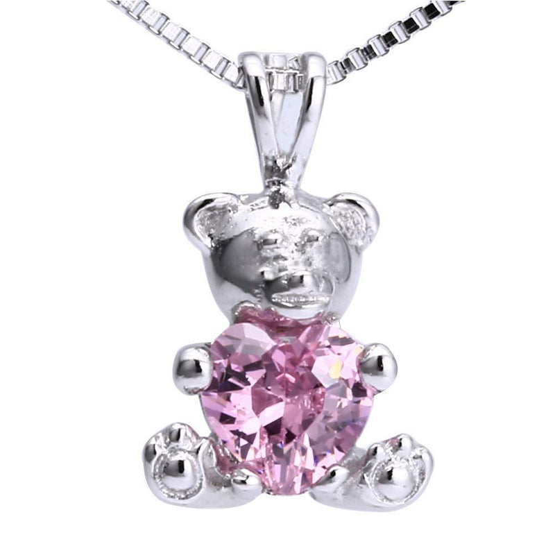 [Australia] - Ladies Sterling Silver Teddy Bear Pink Heart Stone Set Pendant & 16" Sterling Silver Chain Necklace 