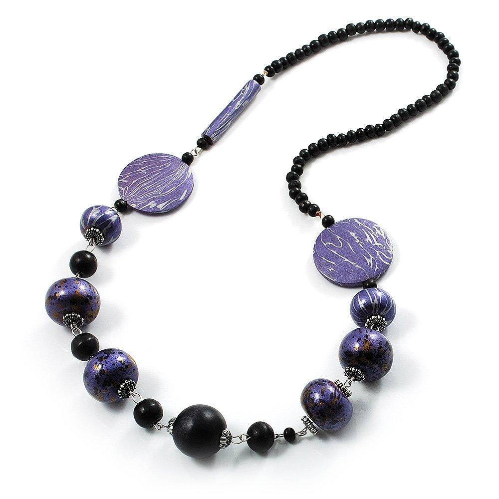 [Australia] - Stylish Animal Print Wooden Bead Necklace (Purple, Black & Metallic Silver) 