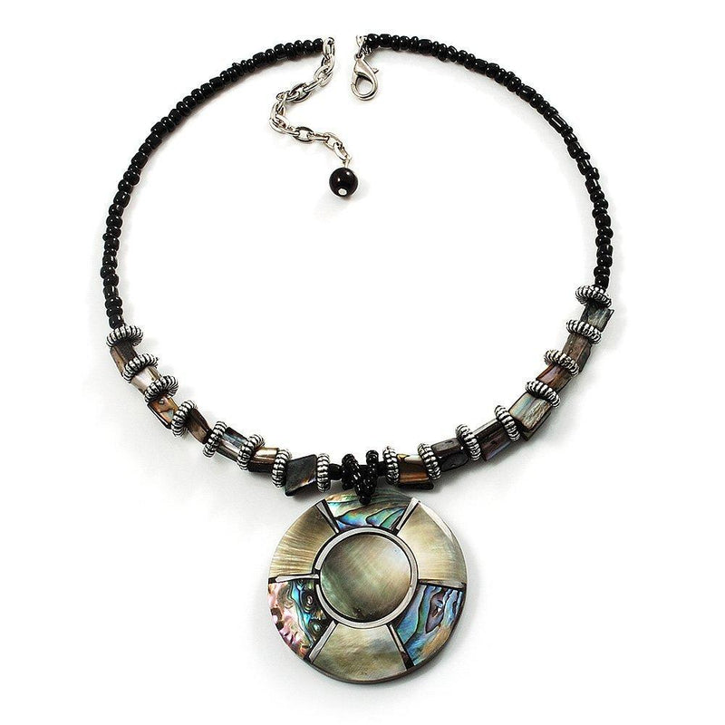 [Australia] - Avalaya Jet Black Glass, Shell & Mother of Pearl Medallion Choker Necklace (Silver Tone) 