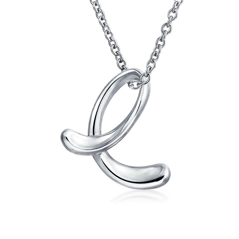 [Australia] - Bling Jewelry Personalize ABC Script Letter Alphabet Pendant Initial Necklace for Teen Women 14K Gold Plated 925 Sterling Silver Silver E 
