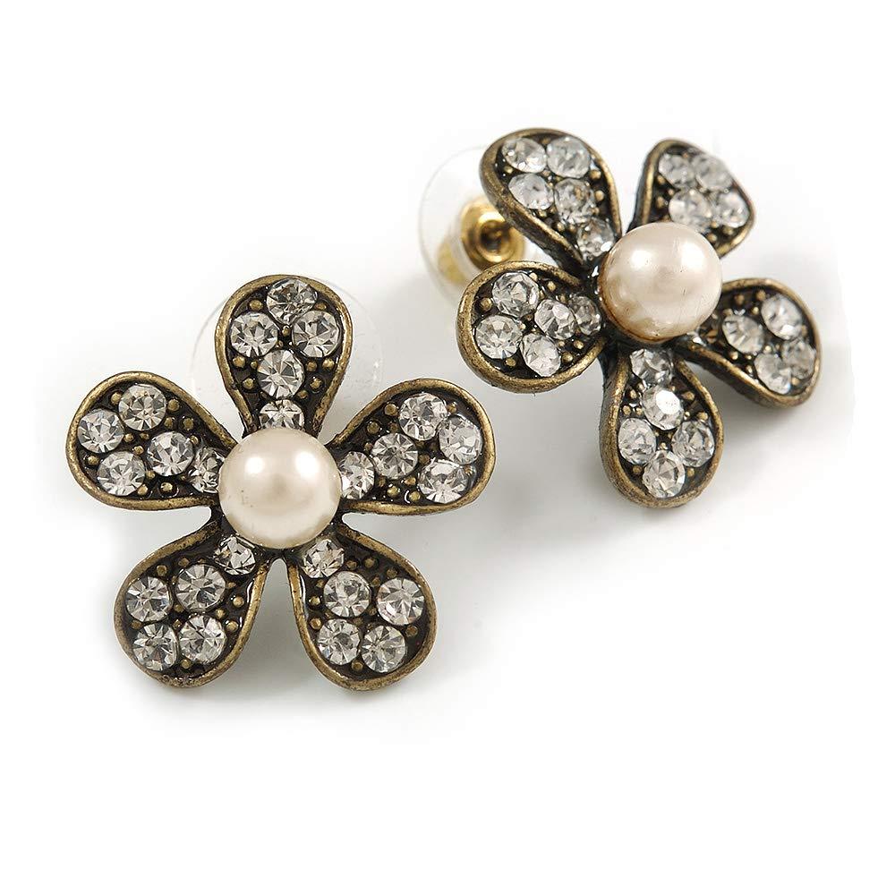[Australia] - Charming Diamante Simulated Pearl Daisy Stud Earrings (Burn Gold Metal) - 2.5cm Diameter 