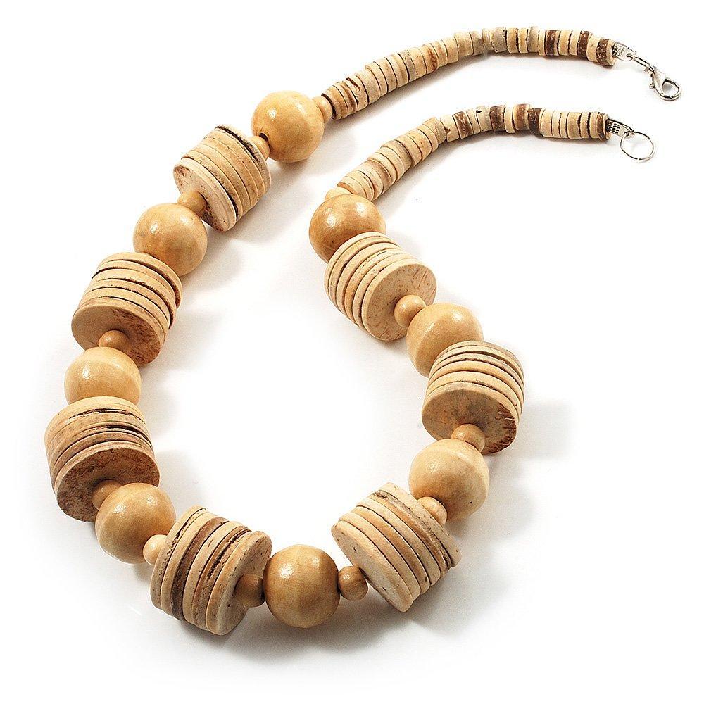 [Australia] - Avalaya Antique White Wood Button & Bead Chunky Necklace - 60cm 