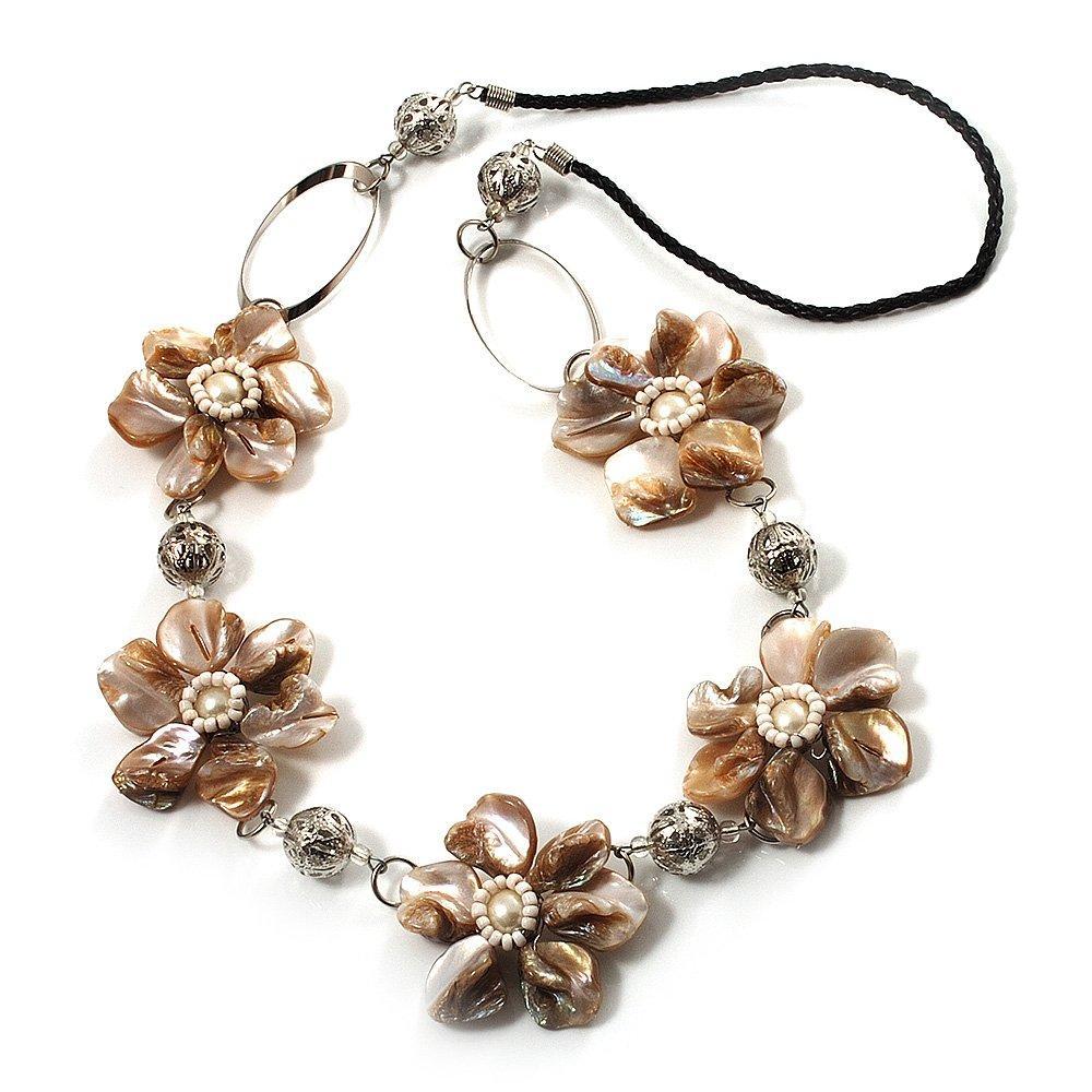 [Australia] - Avalaya Antique White Shell Floral Leather Cord Long Necklace -78cm Length 