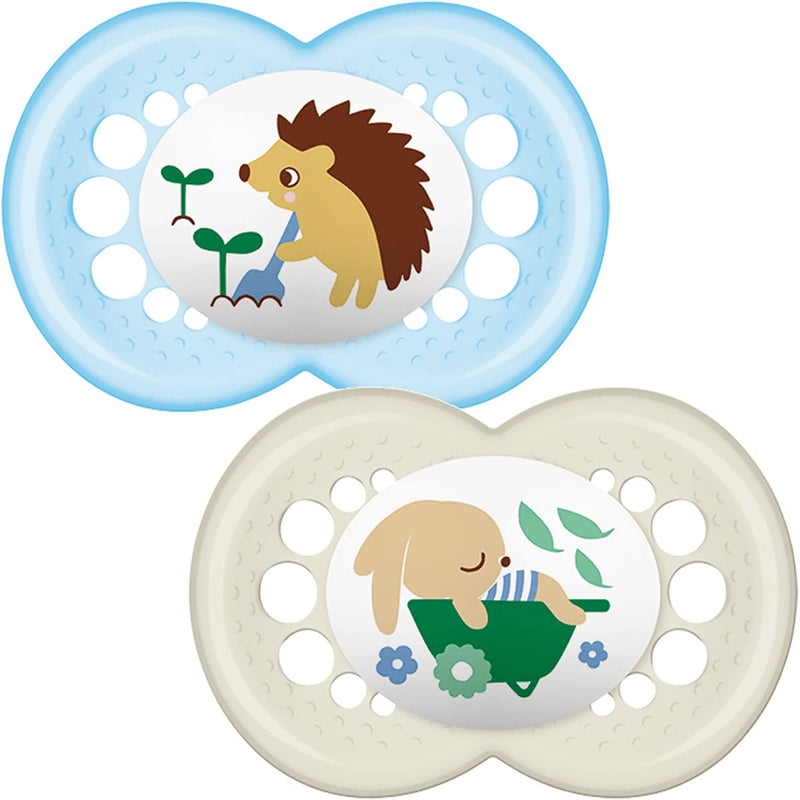 [Australia] - MAM Original Soothers 6+ Months (Pack of 2), Baby Soothers with Self Sterilising Travel Case, Newborn Essentials, Blue/Grey (Designs May Vary) 6+ Months (Pack of 2) 