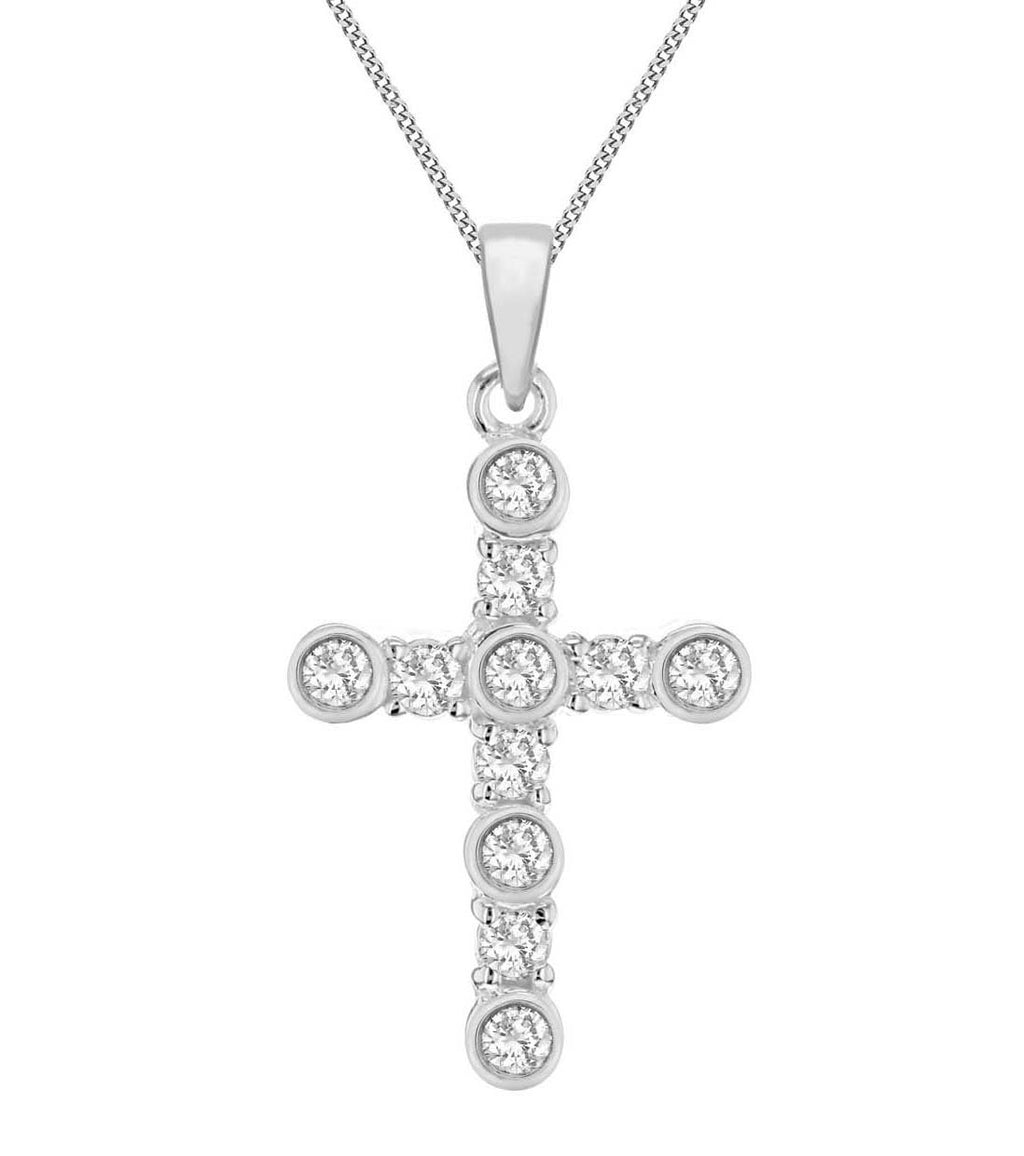 [Australia] - Tuscany Silver Sterling Silver Fancy White Cubic Zirconia Cross Pendant on Curb Chain of 46cm/18" 