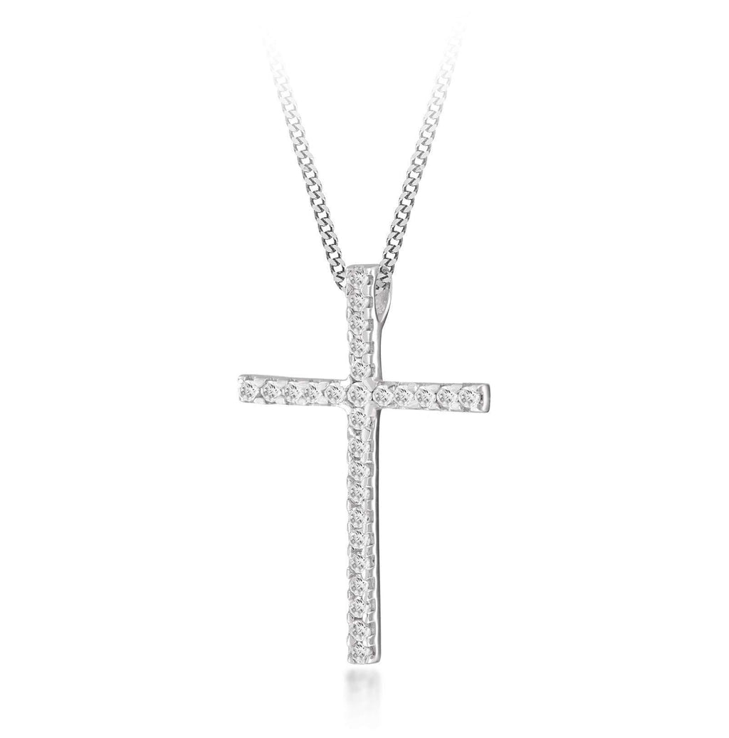 [Australia] - Tuscany Silver Sterling Silver Large White Cubic Zirconia Set Cross Pendant on Curb Chain of 46cm/18" 