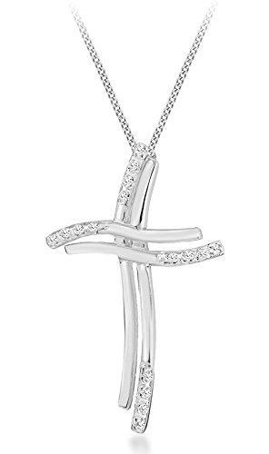 [Australia] - Tuscany Silver Sterling Silver Double Wavy Shape White Cubic Zirconia Set Cross Pendant on Curb Chain of 46cm/18" 
