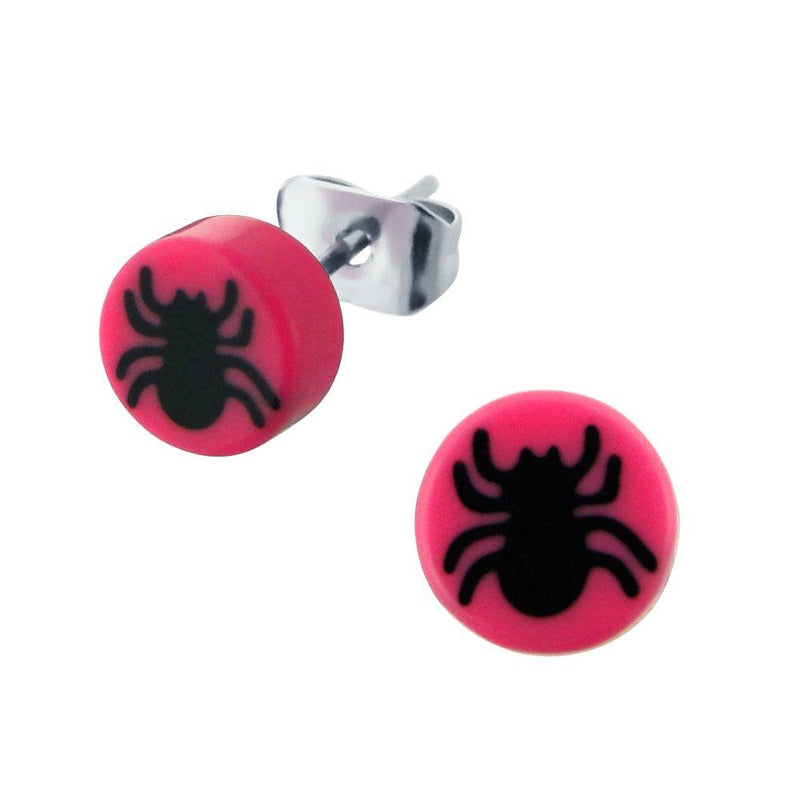 [Australia] - Stainless Steel Pink Spider Earrings, Plug Style 
